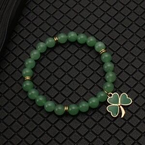 8mm Green Round Beads Bracelet Shamrock Pendant